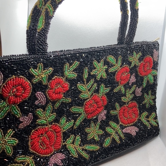 EUC beaded purse black red pink green rose pattern - Picture 3 of 9
